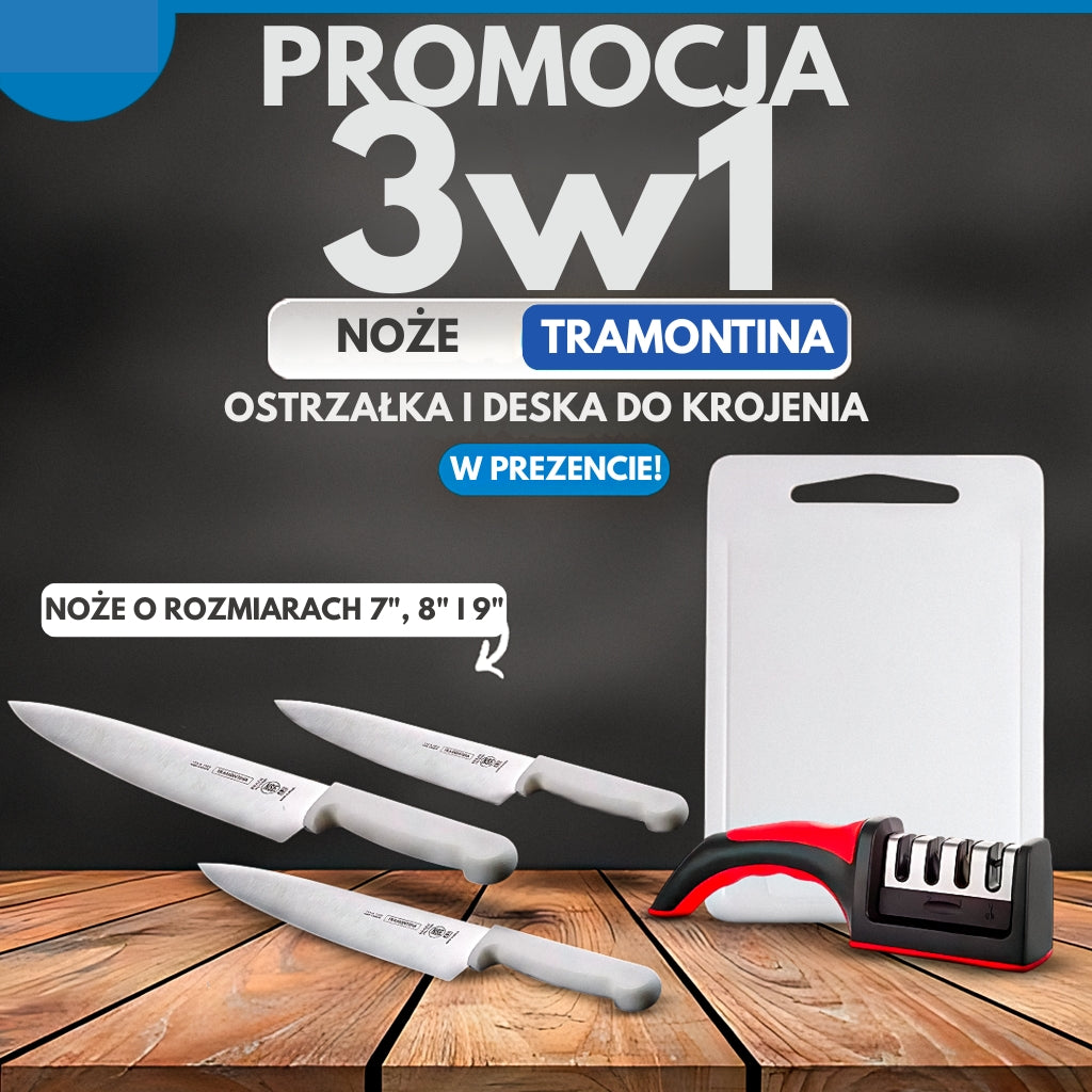 Noże Tramontina 3w1 z ostrzałką + deska GRATIS