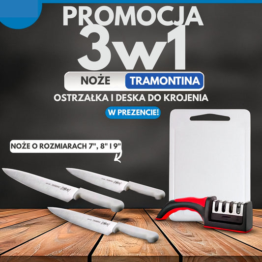 Noże Tramontina 3w1 z ostrzałką + deska GRATIS
